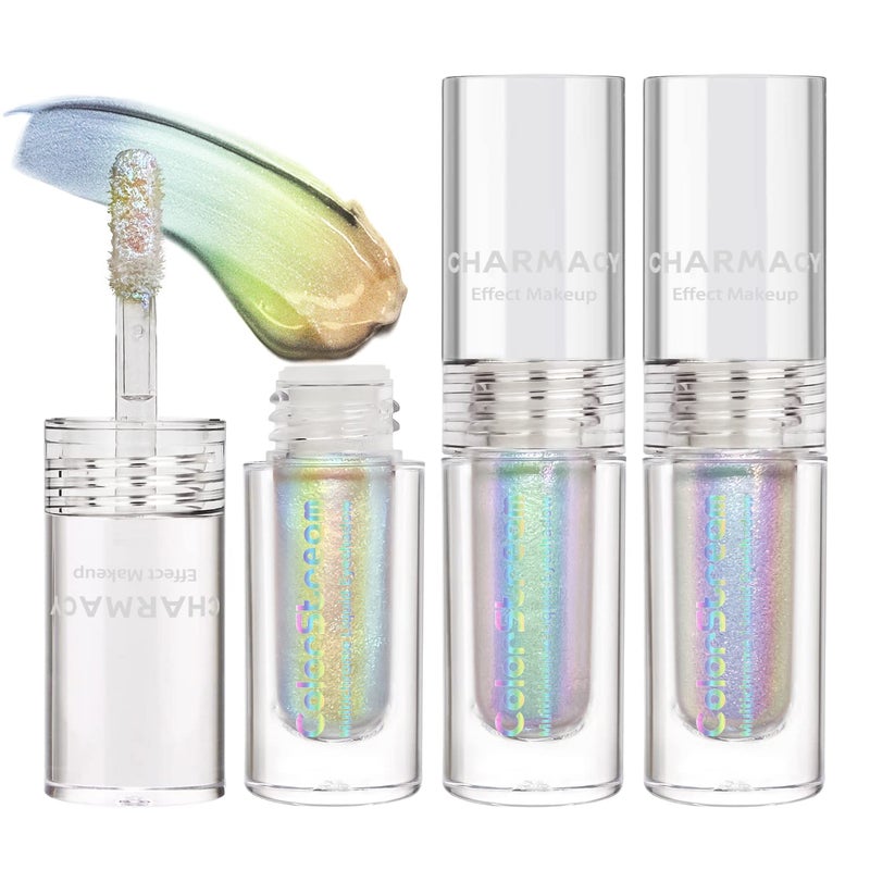 CHARMACY 3 Pcs Multichrome Glitter Liquid Eyeshadow Chameleon Shifting Color Holographic Metallic Eyeshadow LongLasting Wear Vegan Eye Topper for Party Daily Makeup 303